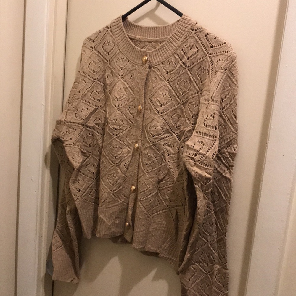 D) Elegant Tan Knit Button Down Sweater.  NWOT